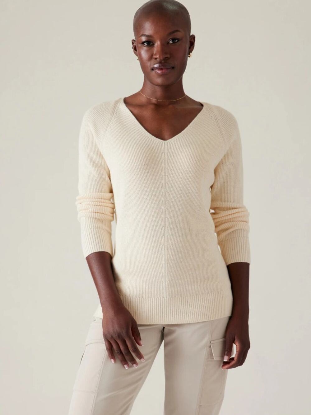 ATHLETA magnolia white cream merino wool ribbed knit v neck Hanover sweater
